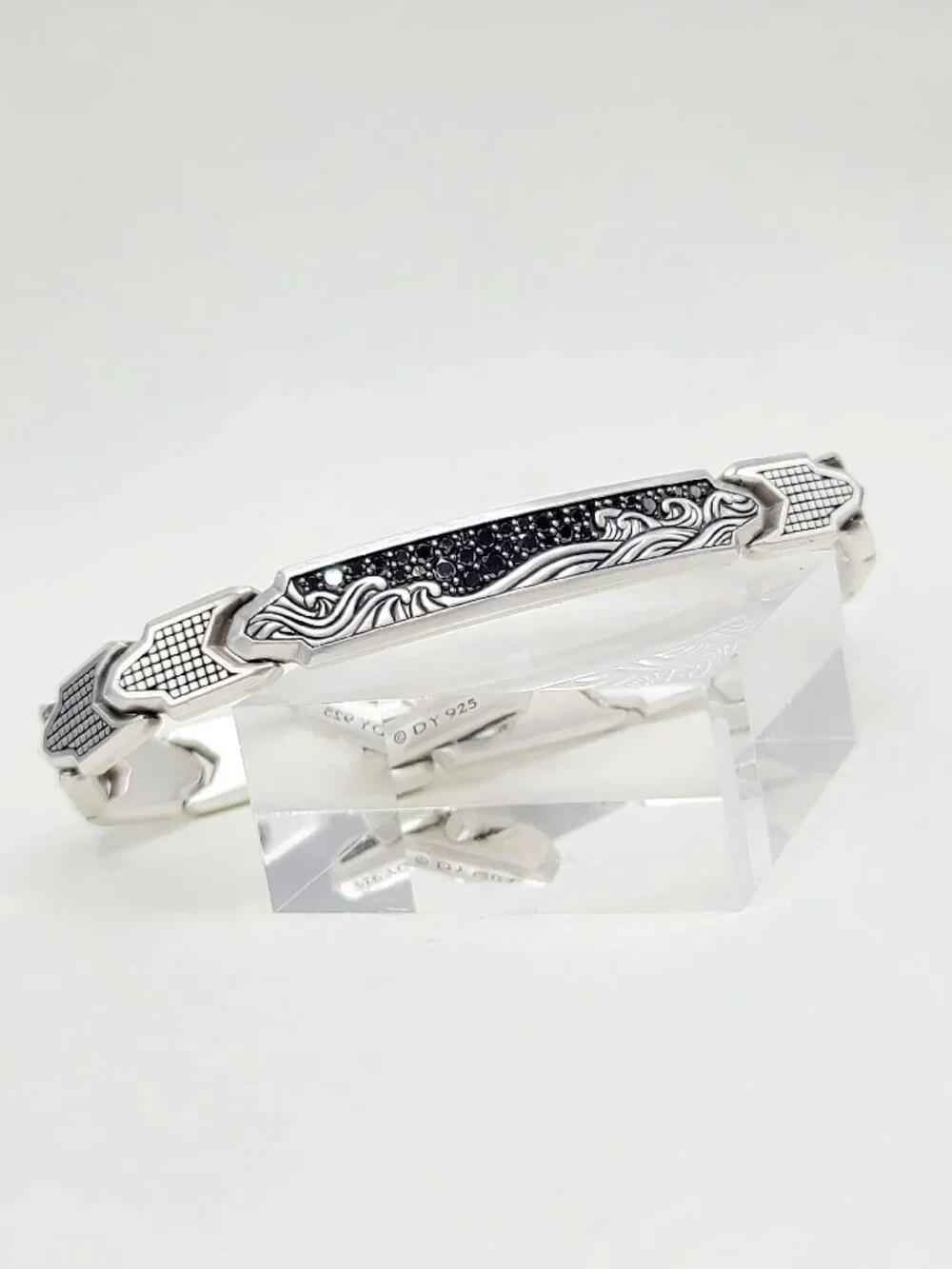 David Yurman Waves ID Link Bracelet w/ Pavé Black Diamonds - 9mm - Size Medium